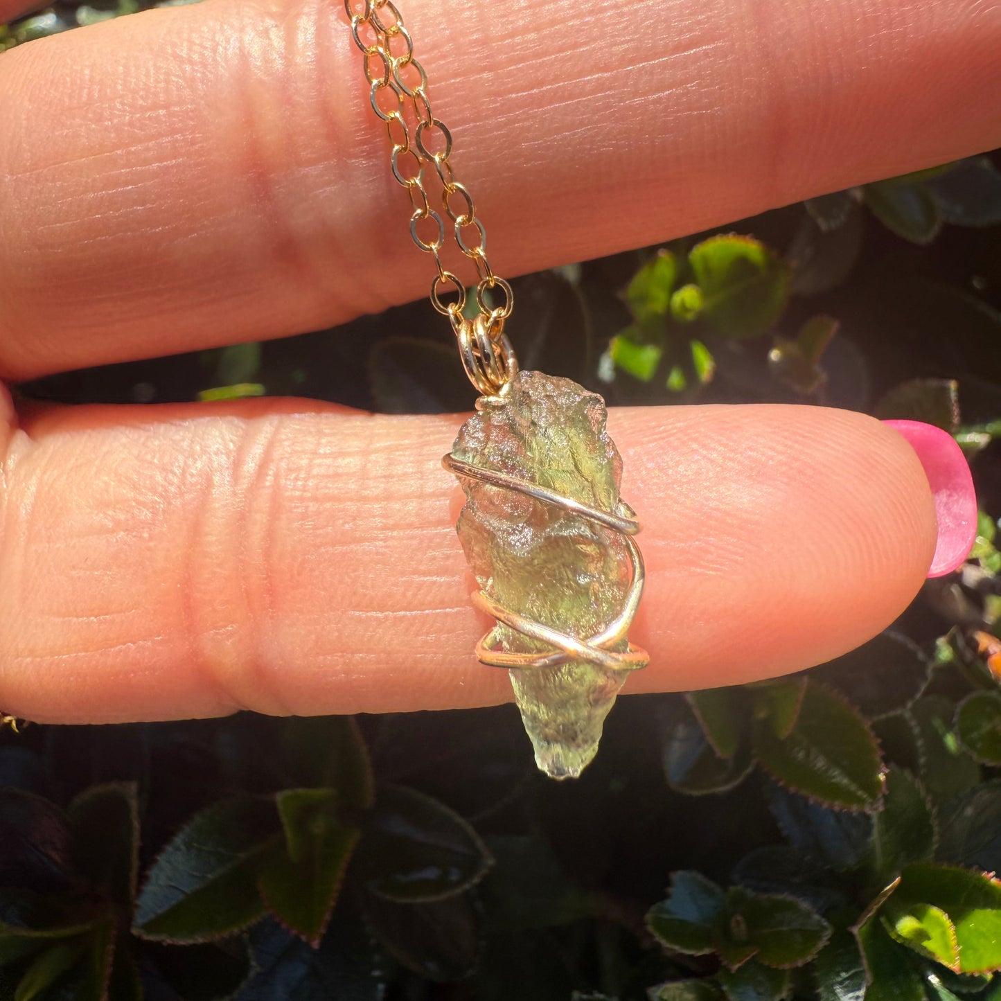 Authentic moldavite pendant wrapped in 14k gold filled and a gold filled necklace chain