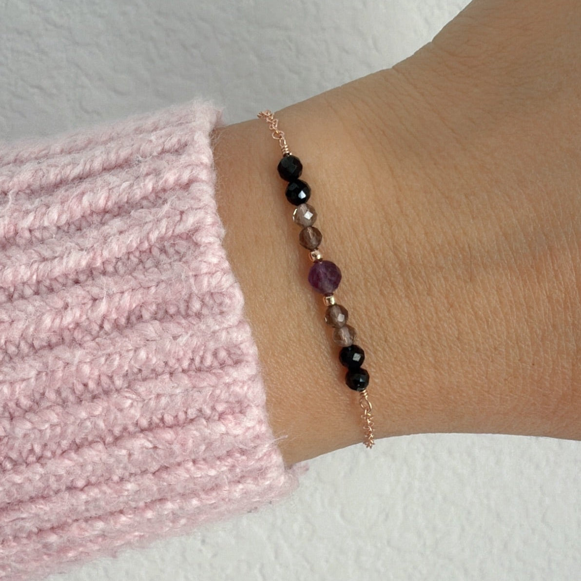 Empath protection bracelet from negative energy and feeling too much. Dainty healing bracelet features amethyst, black tourmaline, and smoky quartz. Handcrafted with love and infused with Reiki healing energy to bring an extra level of protection.