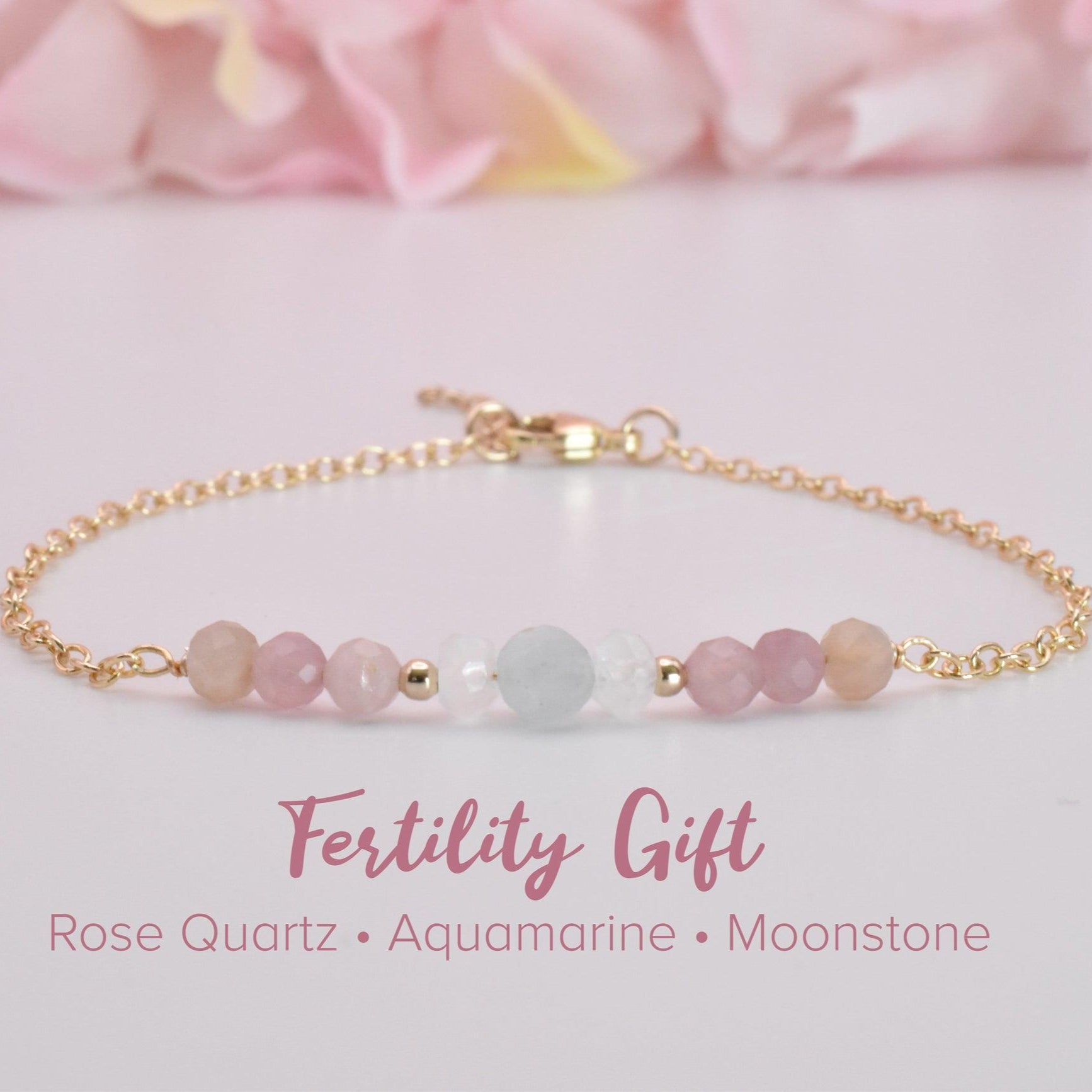 Dainty Moonstone, Aquamarine, and Rose Quartz Fertility Bracelet - 3Rosebudsco.com