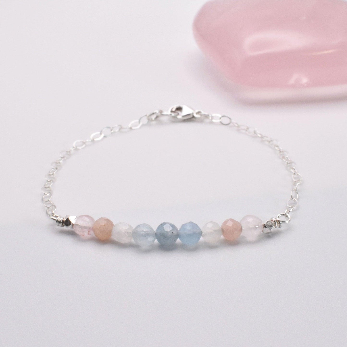 Minimalist Fertility Bracelet Featuring in Sterling Silver Rose Quartz, Aquamarine and Moonstone - 3Rosebudsco.com