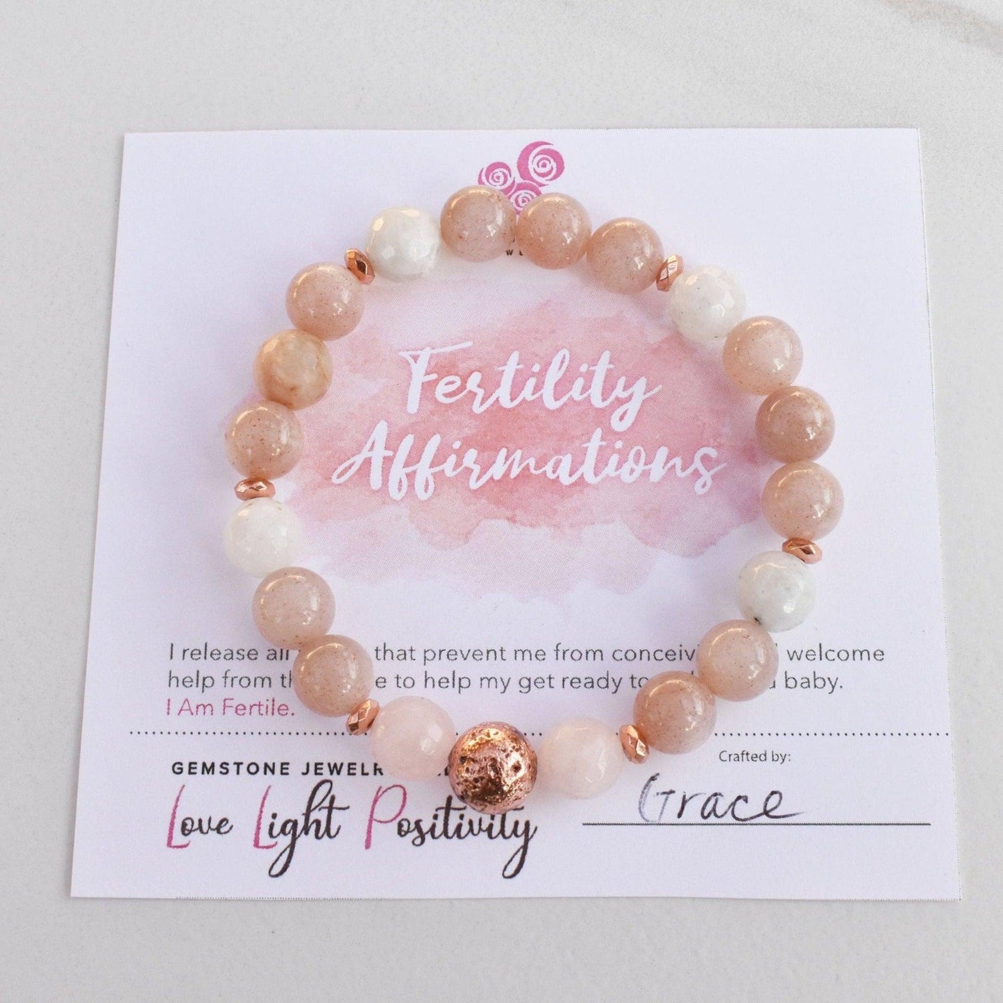 Peach & Rainbow Moonstone Fertility Crystal bracelet with Affirmations card Reiki Energy - 3Rosebudsco.com
