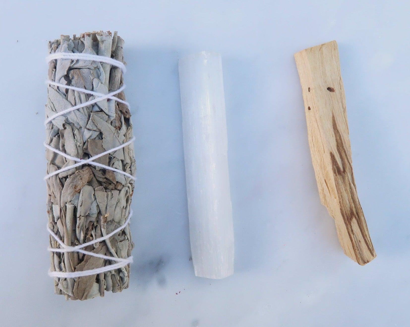 Energy cleansing kit to help you get rid or unwanted energy caused by anger, stress or anxiety. It features an organic sage stick, a selenite wand and a palo santo stick