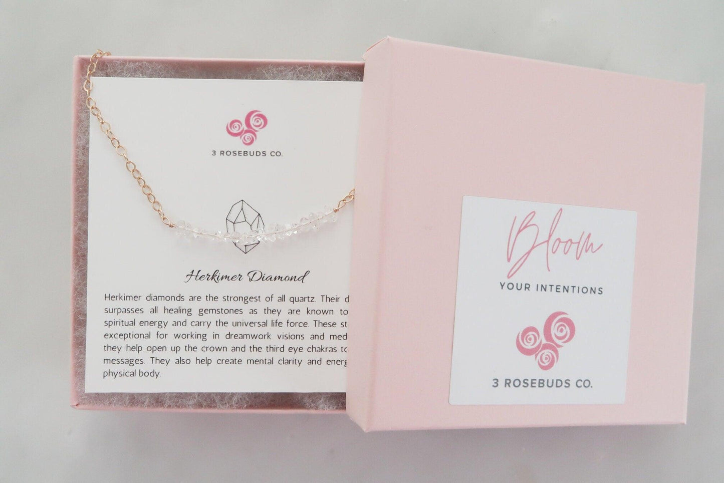 Herkimer Diamond Rose Gold Healing Gemstone Necklace- Dainty Raw Herkimer Jewelry Infused with Reiki - 3Rosebudsco.com