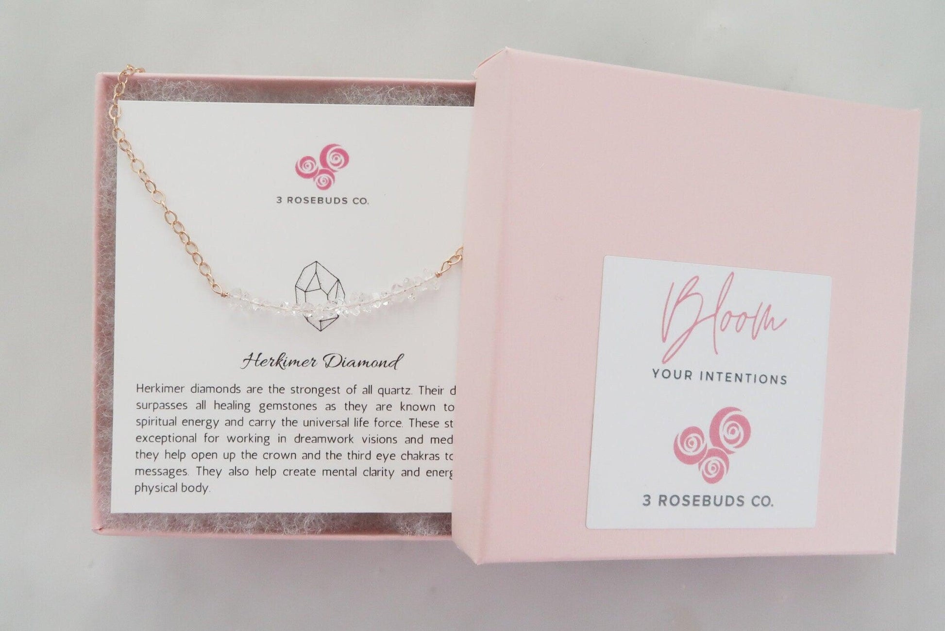 Herkimer Diamond Rose Gold Healing Gemstone Necklace- Dainty Raw Herkimer Jewelry Infused with Reiki - 3Rosebudsco.com