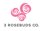 3 Rosebuds Co Logo. Includes graphic of 3 pink roses as our main emblem or logo