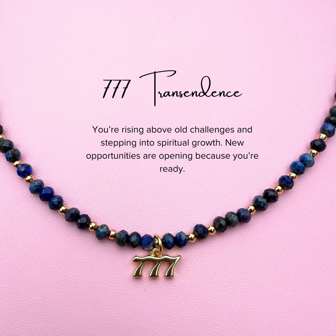 Blue lapiz lazuli Necklace with angel '777' charm on a pink background