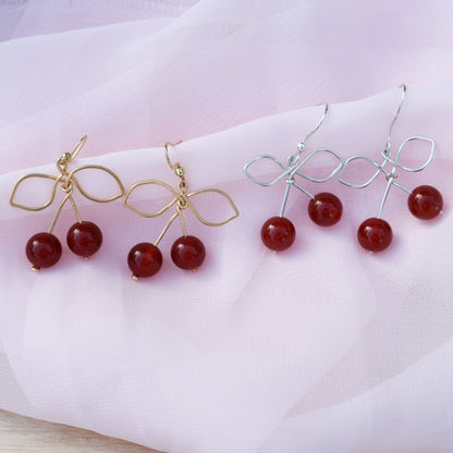Wire Cherry earrings in gold wire or sterling silver. Asymmetrical cherry earrings featuring carnelian crystals. 