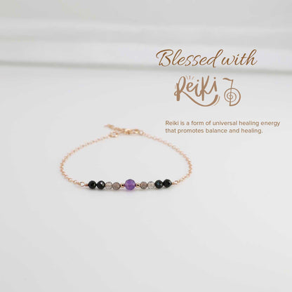 Dainty, Rose gold filled Empath Protection Bracelet with amethyst, smoky quartz ,and black tourmaline, the best healing crystals that are designed to block all negative energy. This healing bracelet fe