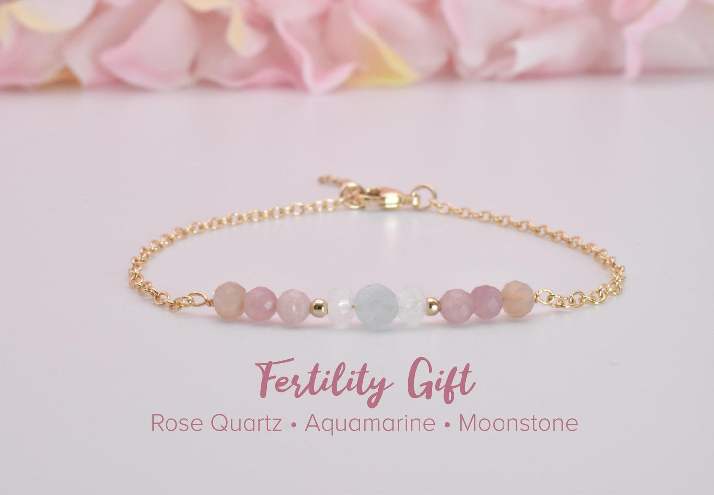 Dainty Moonstone, Aquamarine, and Rose Quartz Fertility Bracelet - 3Rosebudsco.com