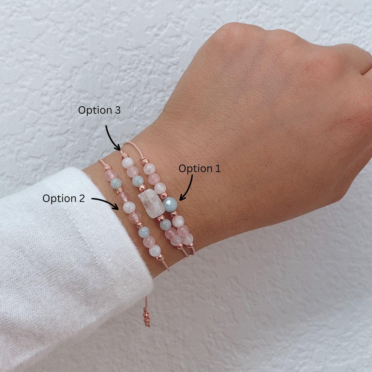 Adjustable Silk Chord Fertility Bracelet with Aquamarine, Rose Quartz and Moonstone Crystals - 3Rosebudsco.com