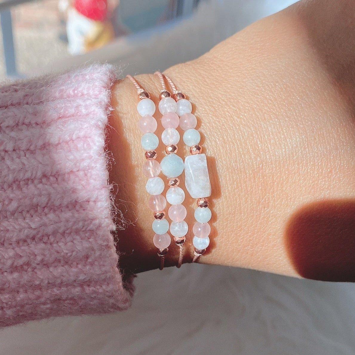 Adjustable Fertility Bracelet with Aquamarine, Rose Quartz and Moonstone Crystals - 3Rosebudsco.com