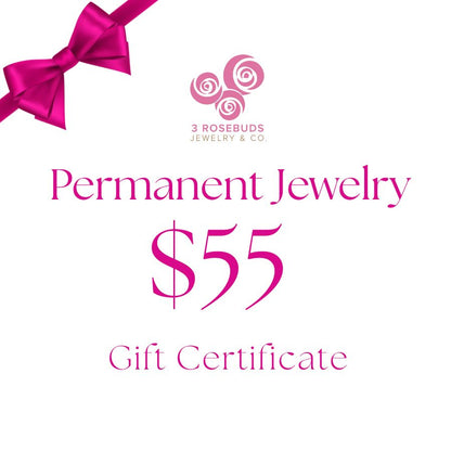 Gift certificate for 'Permanent Jewelry' by 3 Rosebuds Jewelry & Co. with a pink bow on a white background.