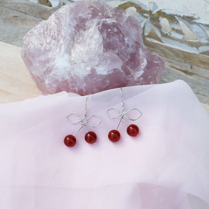 Silver wire cherry earrings with carnelian crystals