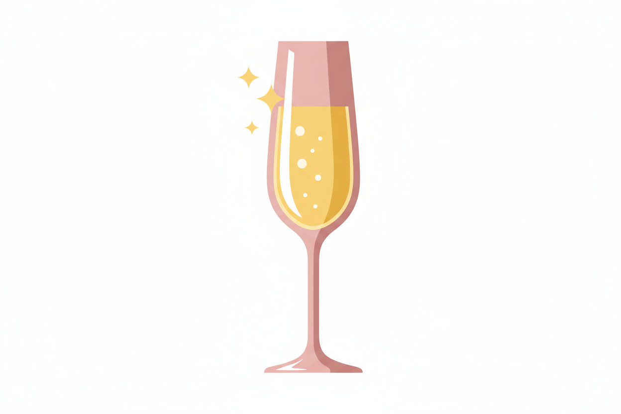pink champagne glass with yellow bubble liquied and a sparkle on the side icon