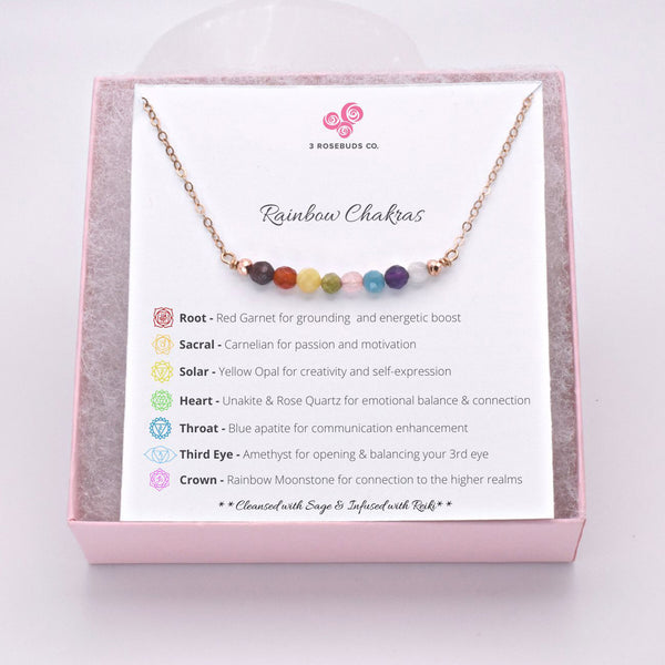 Dainty Seven Chakras Necklace featuring the top healing gemstones crystals to help balance the root chakra, the sacral chakra, the solar plexus chakra, the heart chakra, the throat chakra, the third eye chakra, and the crown chakra. Necklace comes infused with Reiki and is ready to wear. 