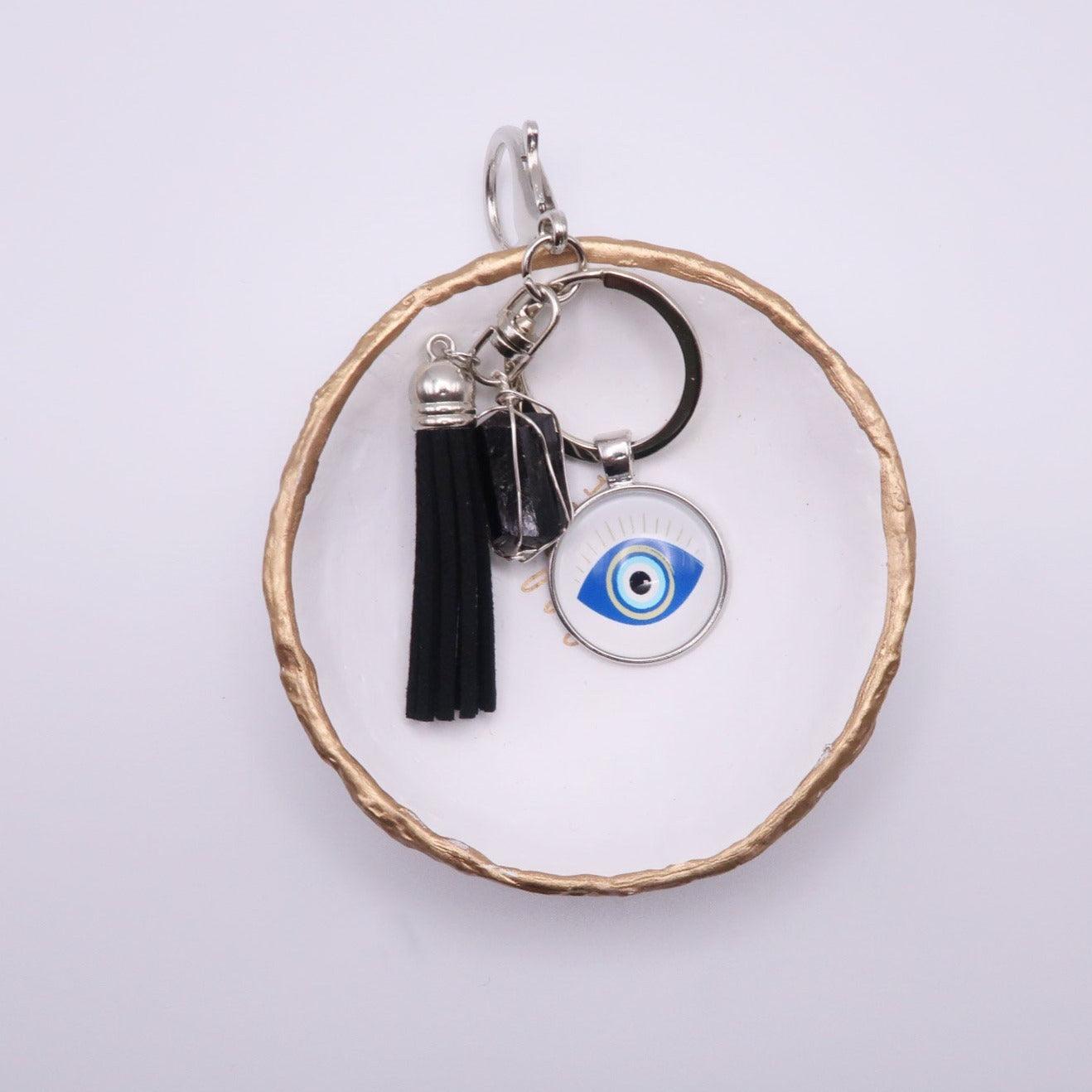 Evil Eye Keychain with hand-wrapped black tourmaline for hater protection and negative vibes.  