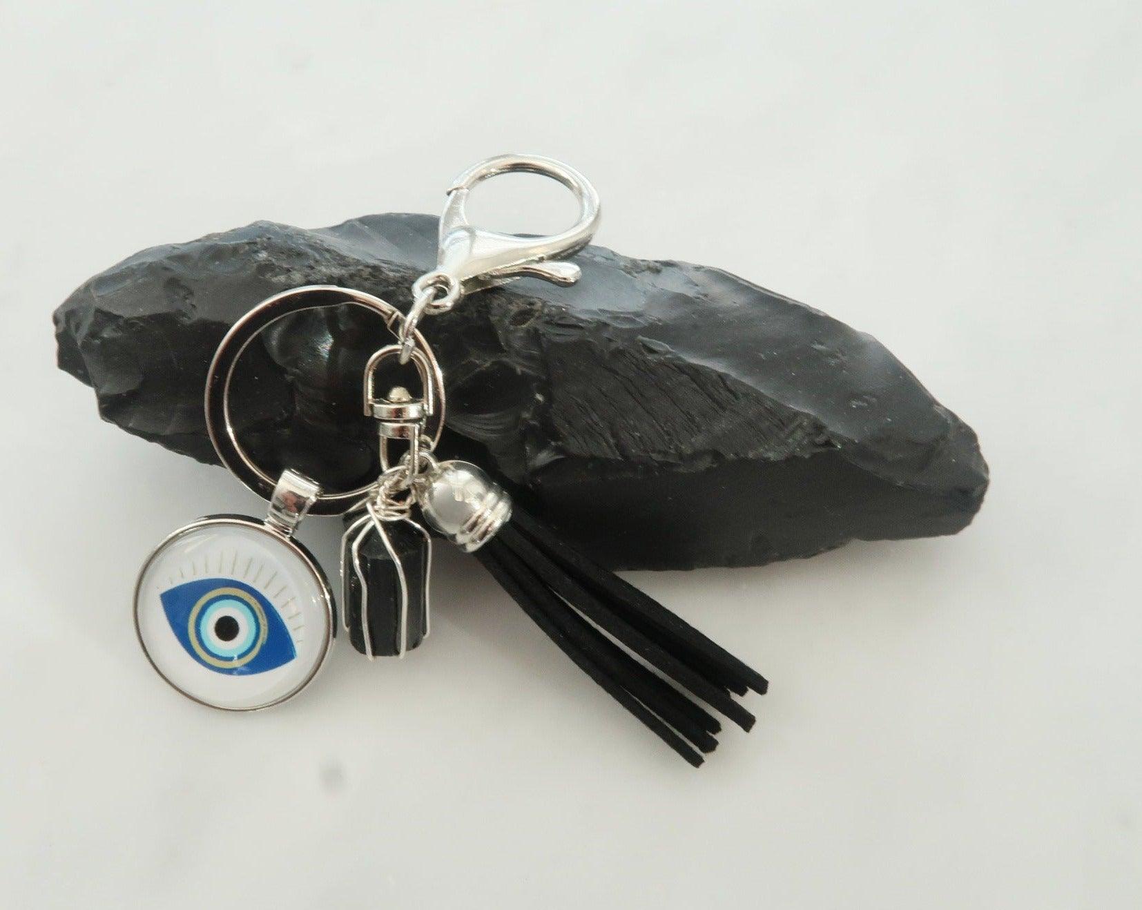 Evil Eye Keychain with hand-wrapped black tourmaline for hater protection and negative vibes.  