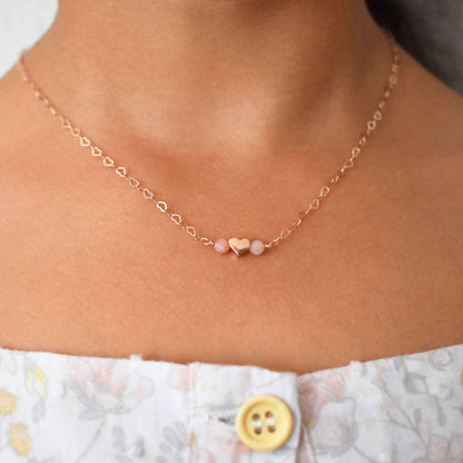 Girls heart necklace with pink opal, aquamarine or rainbow moonstones - 3Rosebudsco.com