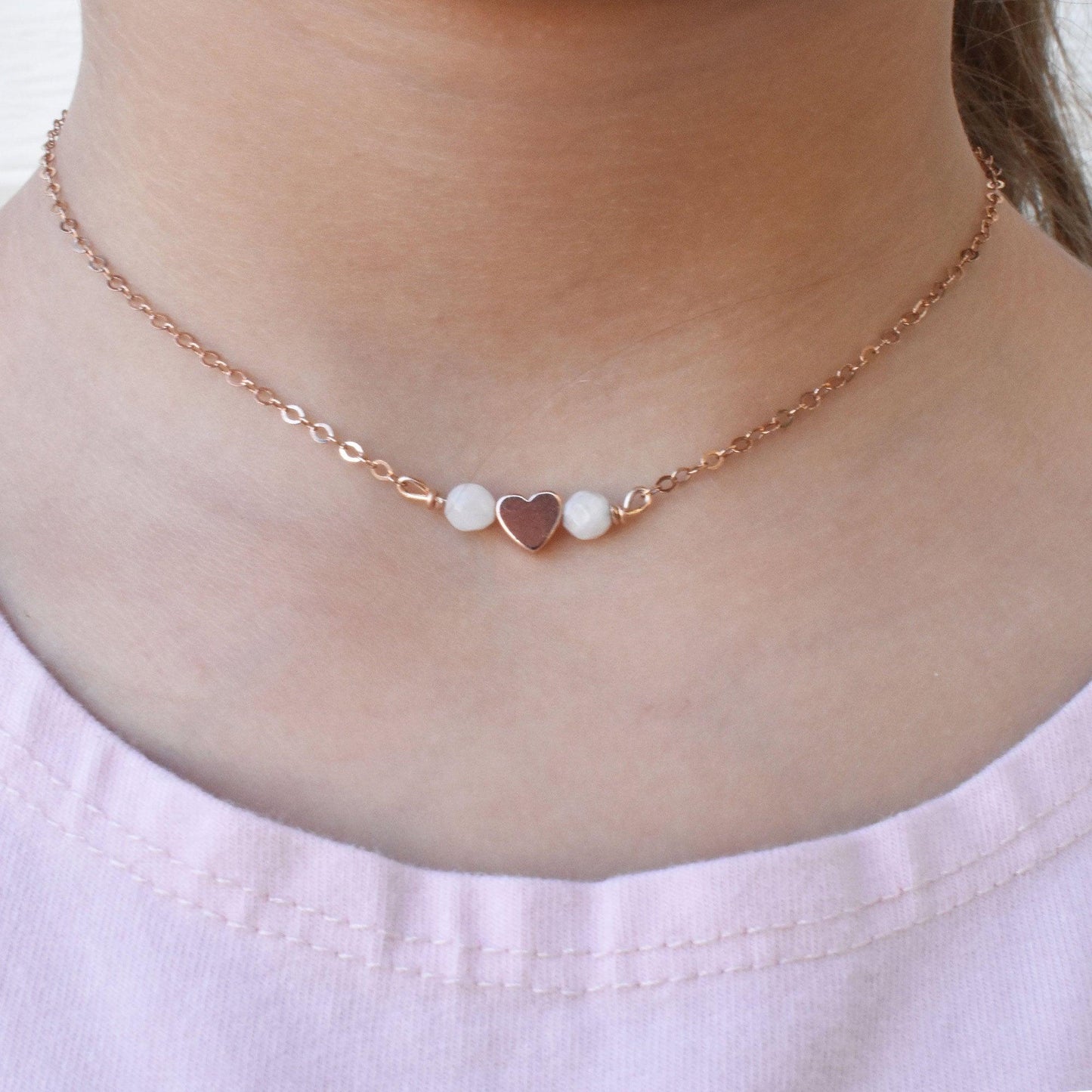 Girls Heart Necklace With Choice of Moonstone or Pink Opal Healing Gemstone Crystals - 3Rosebudsco.com