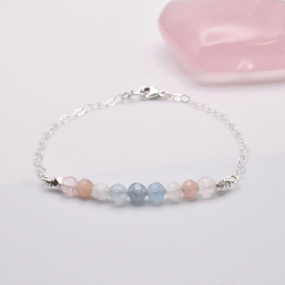 Minimalist Fertility Bracelet Featuring in Sterling Silver Rose Quartz, Aquamarine and Moonstone - 3Rosebudsco.com