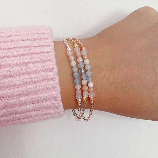 Minimalist Fertility Bracelet Featuring Rose Quartz, Aquamarine and Moonstone - 3Rosebudsco.com
