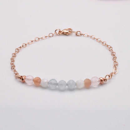 Minimalist Fertility Bracelet in Rose gold Featuring Rose Quartz, Aquamarine and Moonstone - 3Rosebudsco.com