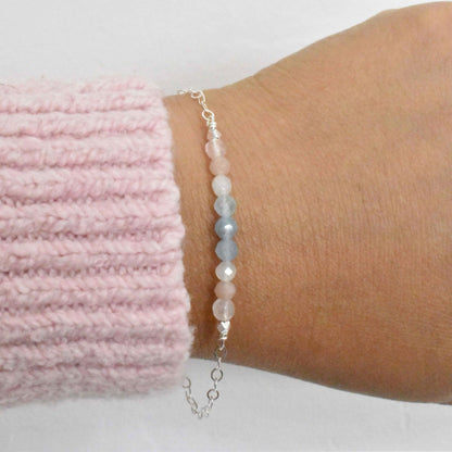 Minimalist Fertility Bracelet Featuring Rose Quartz, Aquamarine and Moonstone - 3Rosebudsco.com