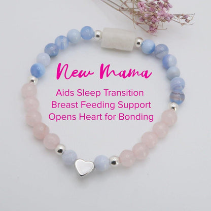 New Mama Healing Gemstone Bracelet features blue lace agate, rose quartz, and moonstone. Infused with Reiki Healing Energy - 3Rosebudsco.com
