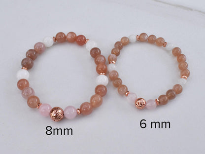 Peach & Rainbow Moonstone Fertility Affirmation Crystal Bracelet come in different sizes. Infused With Reiki Energy - 3Rosebudsco.com
