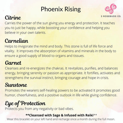 Phoenix Rising crystal bracelet description card for Solar, Sacral, & Root Chakra Healing 3Rosebudsco.com