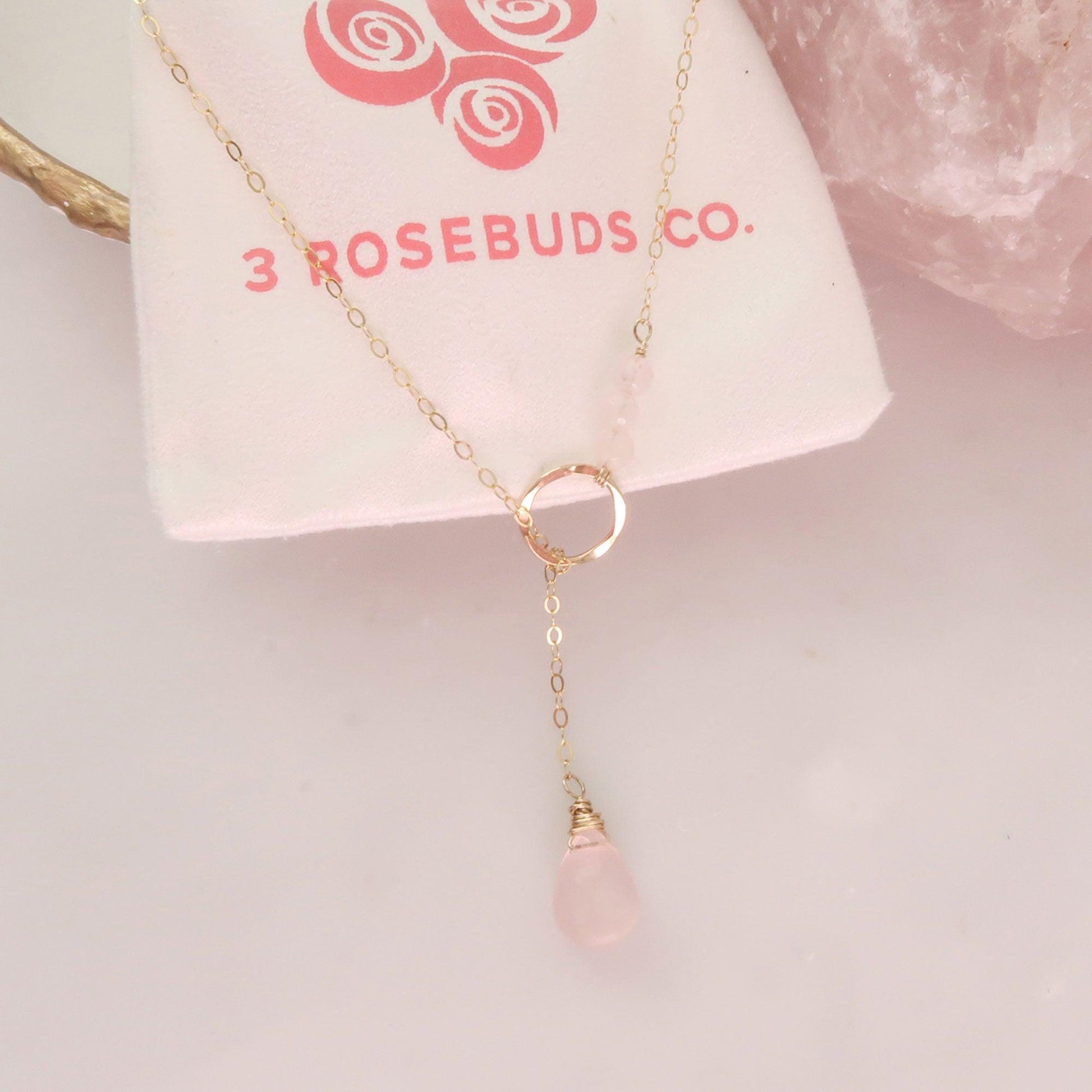 Drop of Love Rose Quartz Gold Filled Necklace- Heart Chakra Healing Necklace - 3Rosebudsco.com