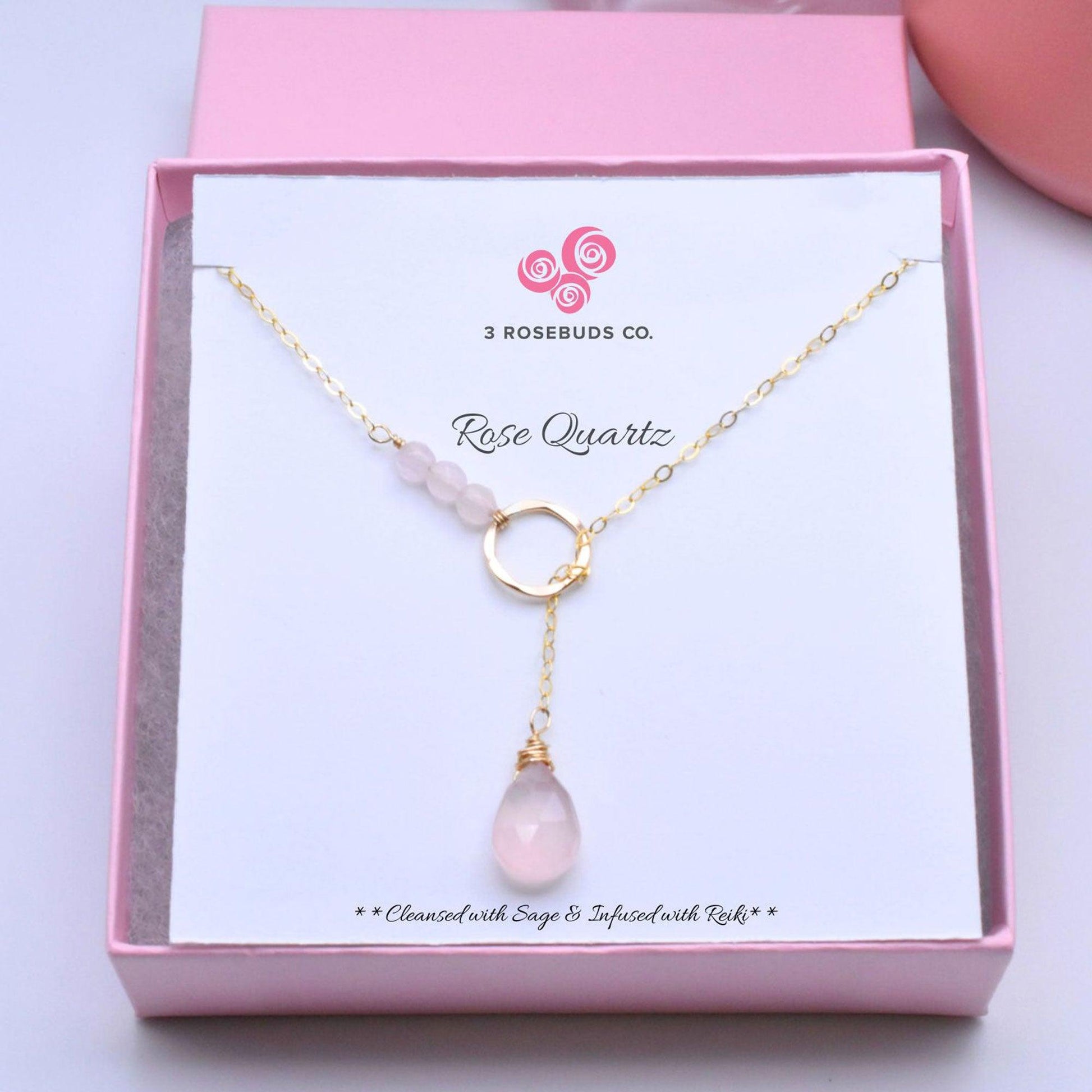 Drop of Love Rose Quartz Gold Filled Necklace- Heart Chakra Healing Necklace - 3Rosebudsco.com