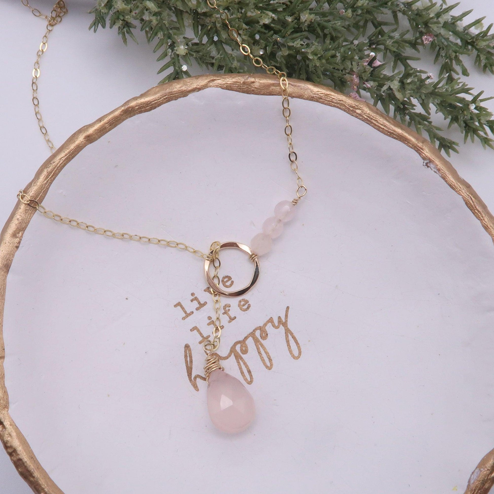 Drop of Love Rose Quartz Gold Filled Necklace- Heart Chakra Healing Necklace - 3Rosebudsco.com