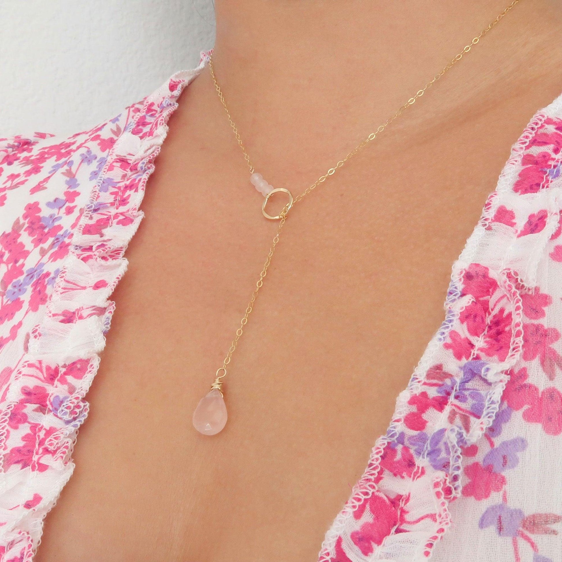 Drop of Love Rose Quartz Gold Filled Necklace- Heart Chakra Healing Necklace - 3Rosebudsco.com