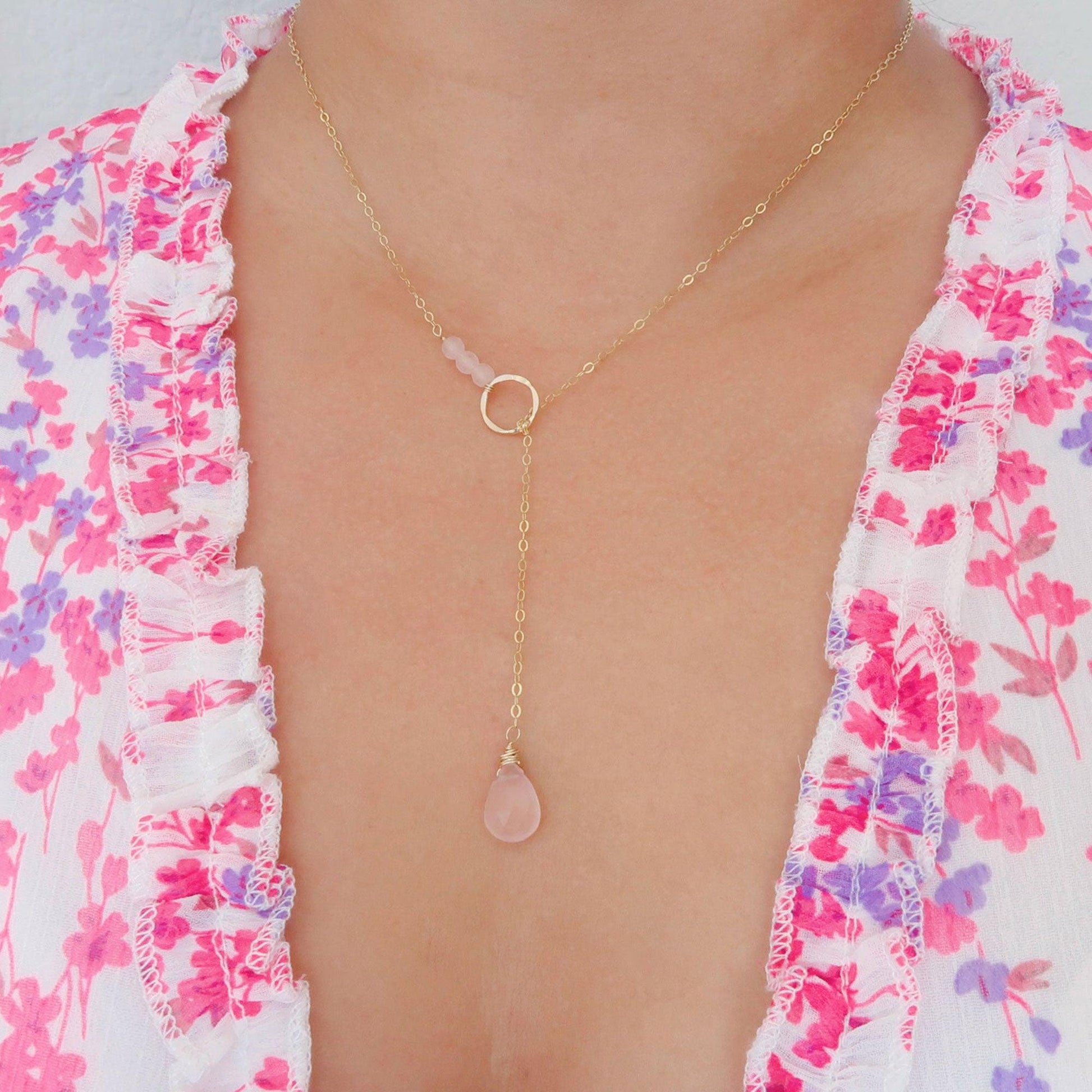 Drop of Love Rose Quartz Gold Filled Necklace- Heart Chakra Healing Necklace - 3Rosebudsco.com