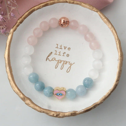 SerenityCrystal Bracelet with Aquamarine, Selenite, Rose Quarts and Evil Eye Protection - Infused with Reiki Healing Energy - 3Rosebudsco.com
