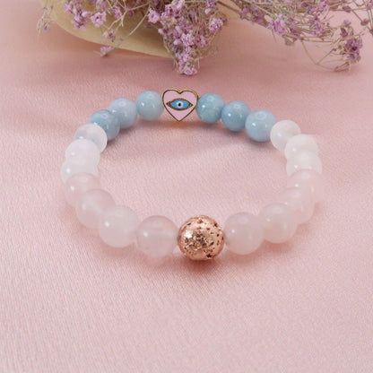 Serenity Healing Crystal Bracelet with Evil Eye Protection - Features Aquamarine, Selenite and Rose Quartz Infused with Reiki Healing Energy - 3Rosebudsco.com