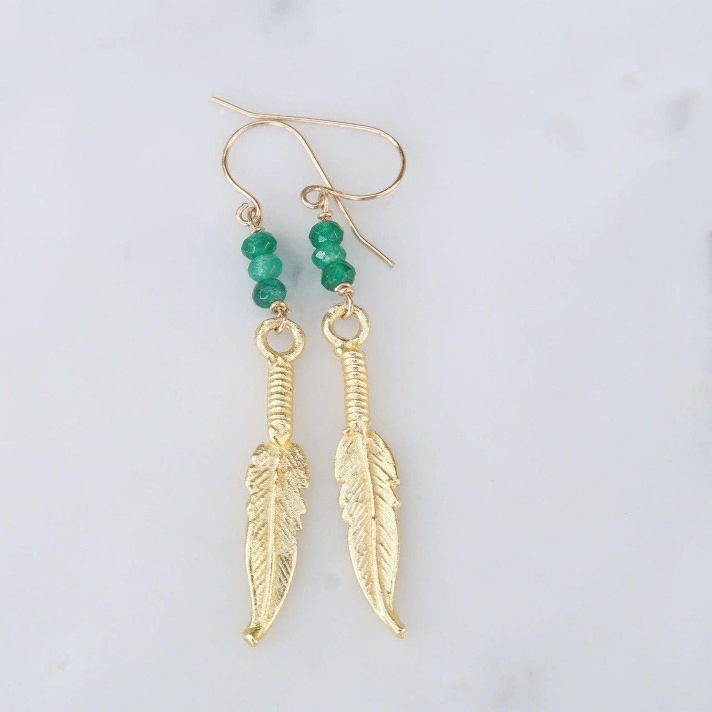 Feather Earrings with Healing Gemstone Green Jades - 3Rosebudsco.com