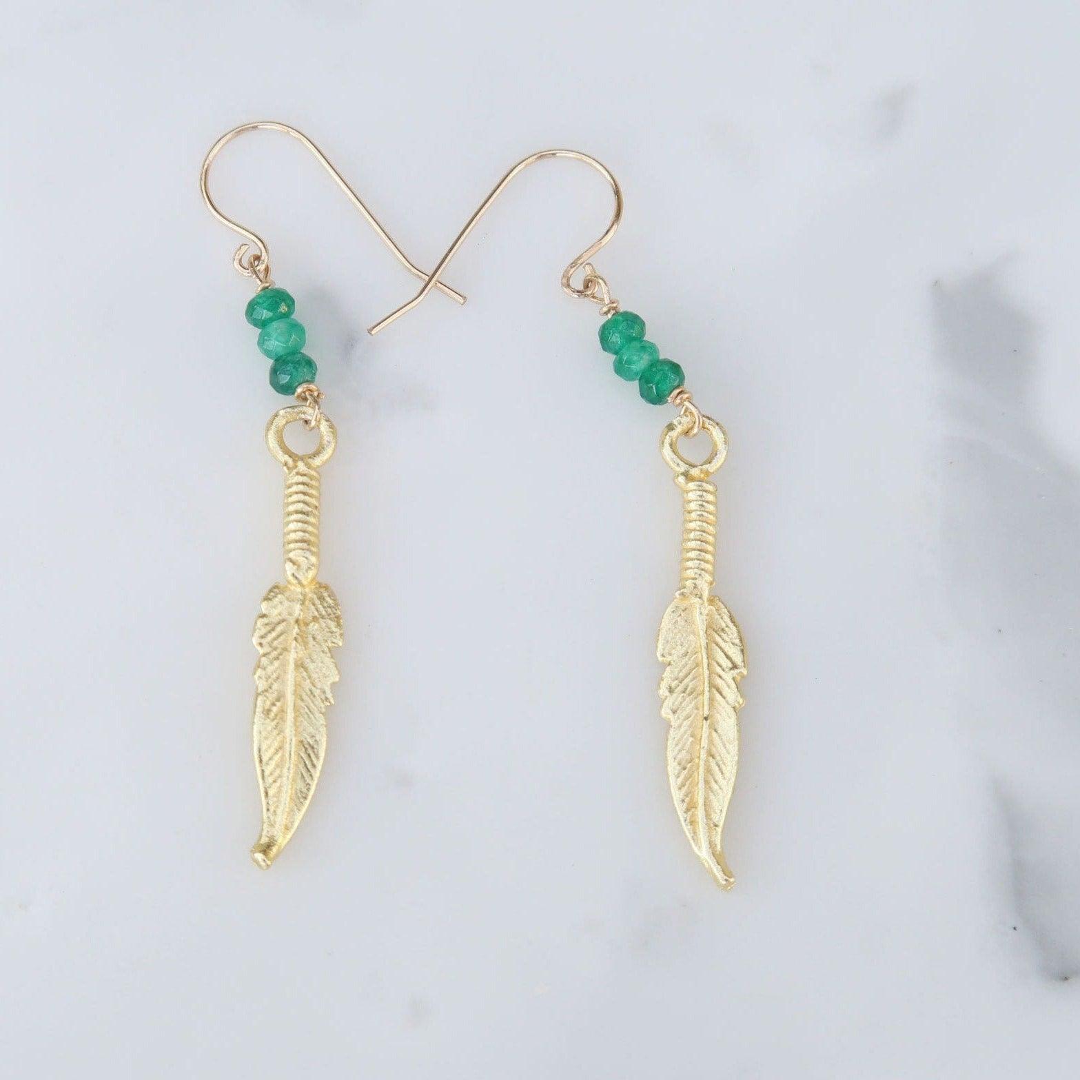 Feather Earrings with Healing Gemstone Green Jades - 3Rosebudsco.com