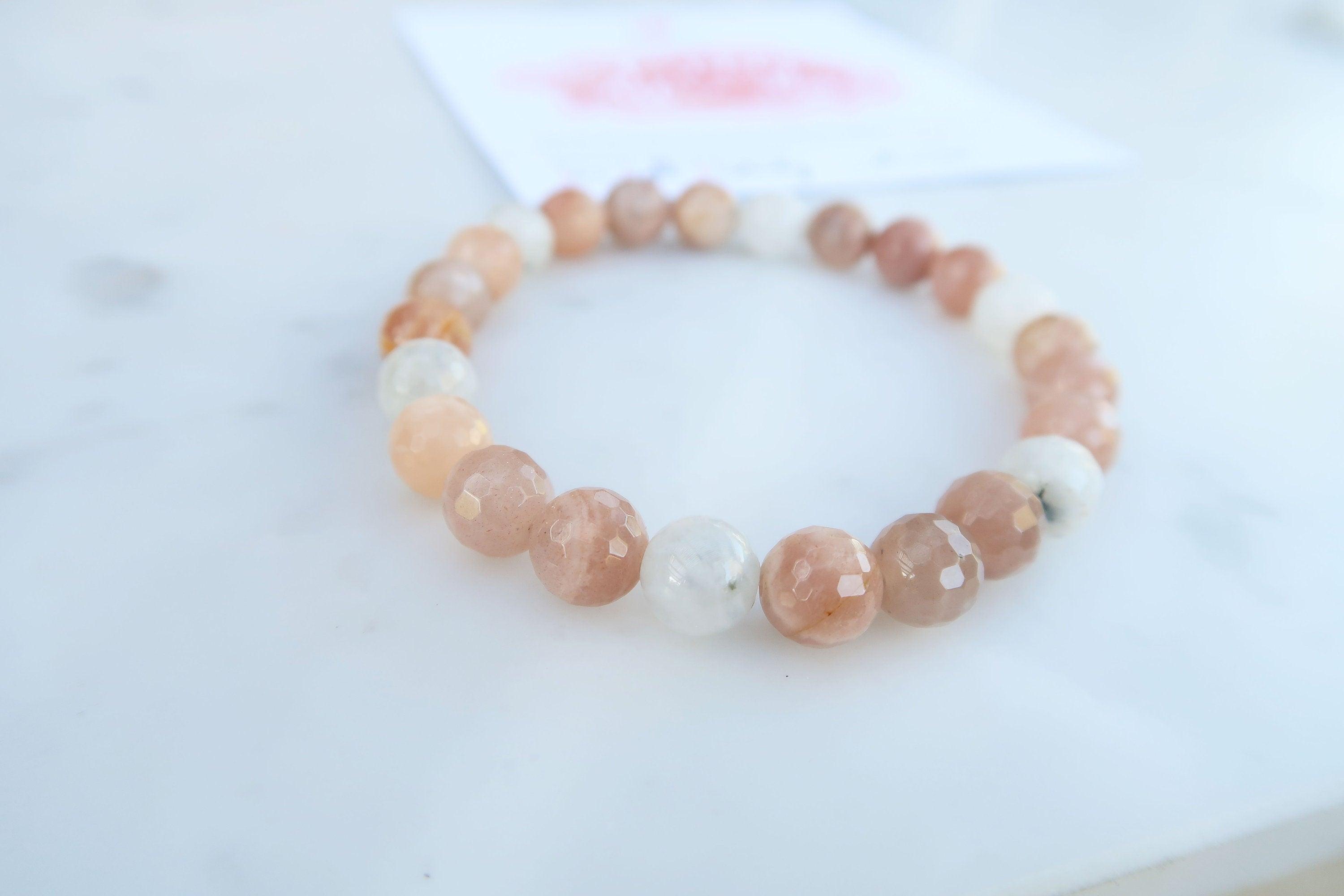 Peach & Rainbow Moonstone Fertility Affirmation Healing Gemstone Bracelet With Reiki Energy - 3Rosebudsco.com