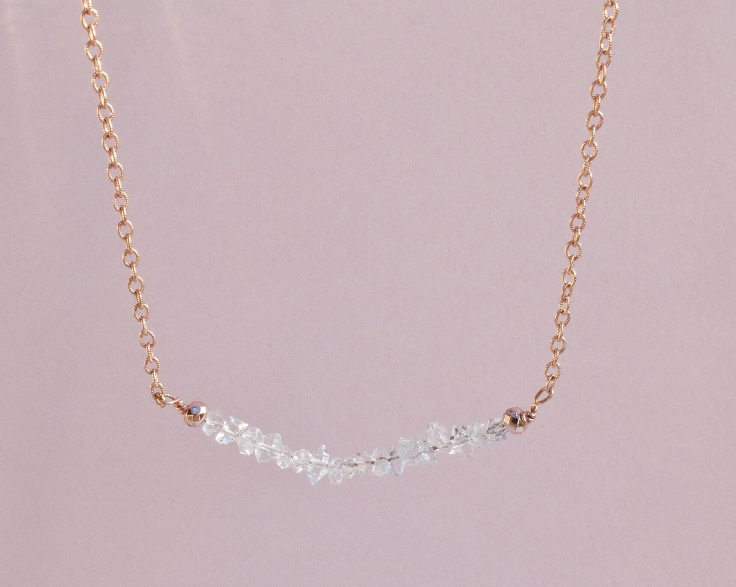 Rose gold Herkimer Diamond healing gemstone necklace. Herkimer diamonds are the strongest of all quartz. Their divination surpasses all healing gemstones as they are known to amplify spiritual energy and carry the universal life force.