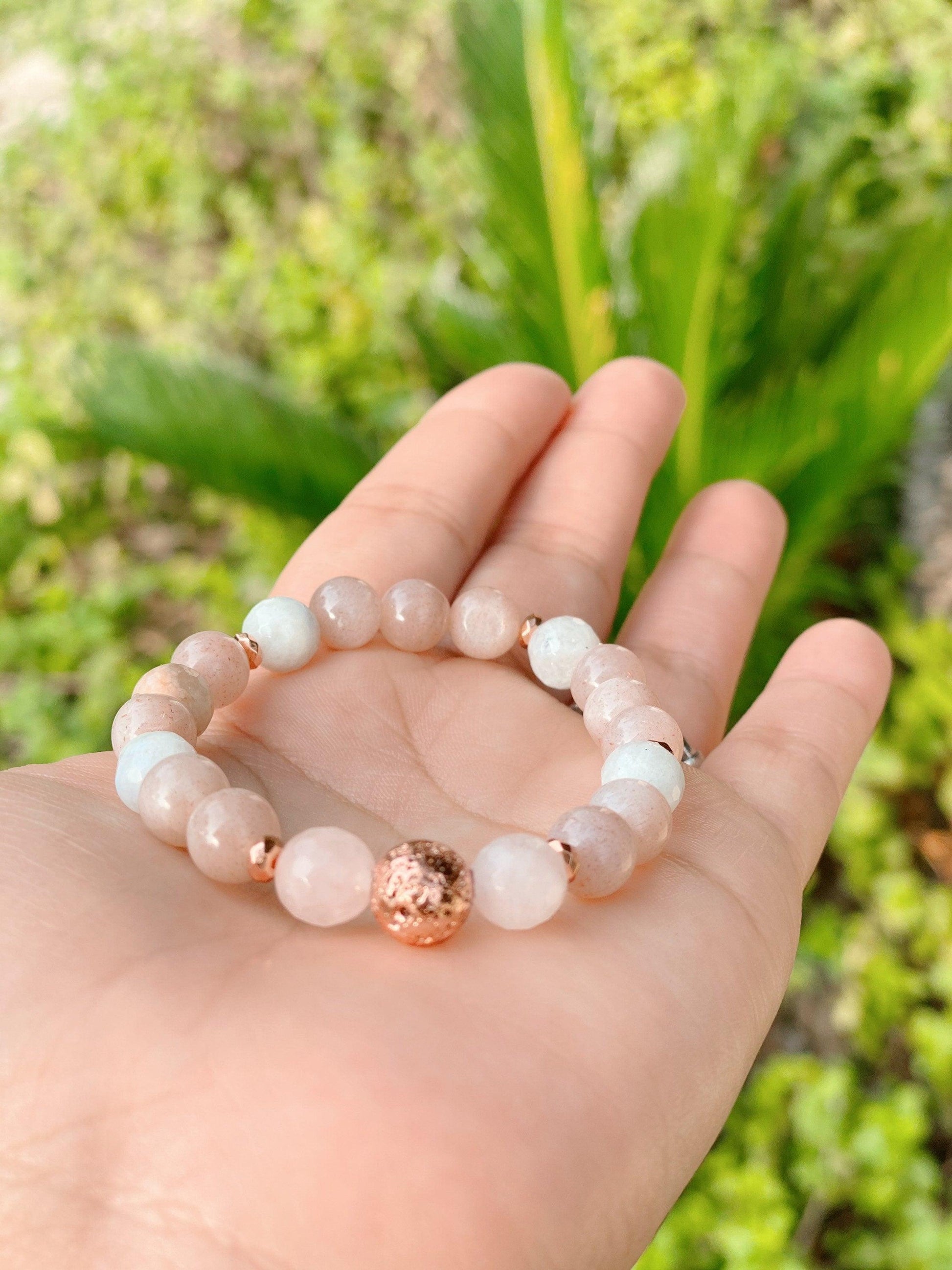 Peach & Rainbow Moonstone Fertility Affirmation Healing Gemstone Bracelet With Reiki Energy - 3Rosebudsco.com