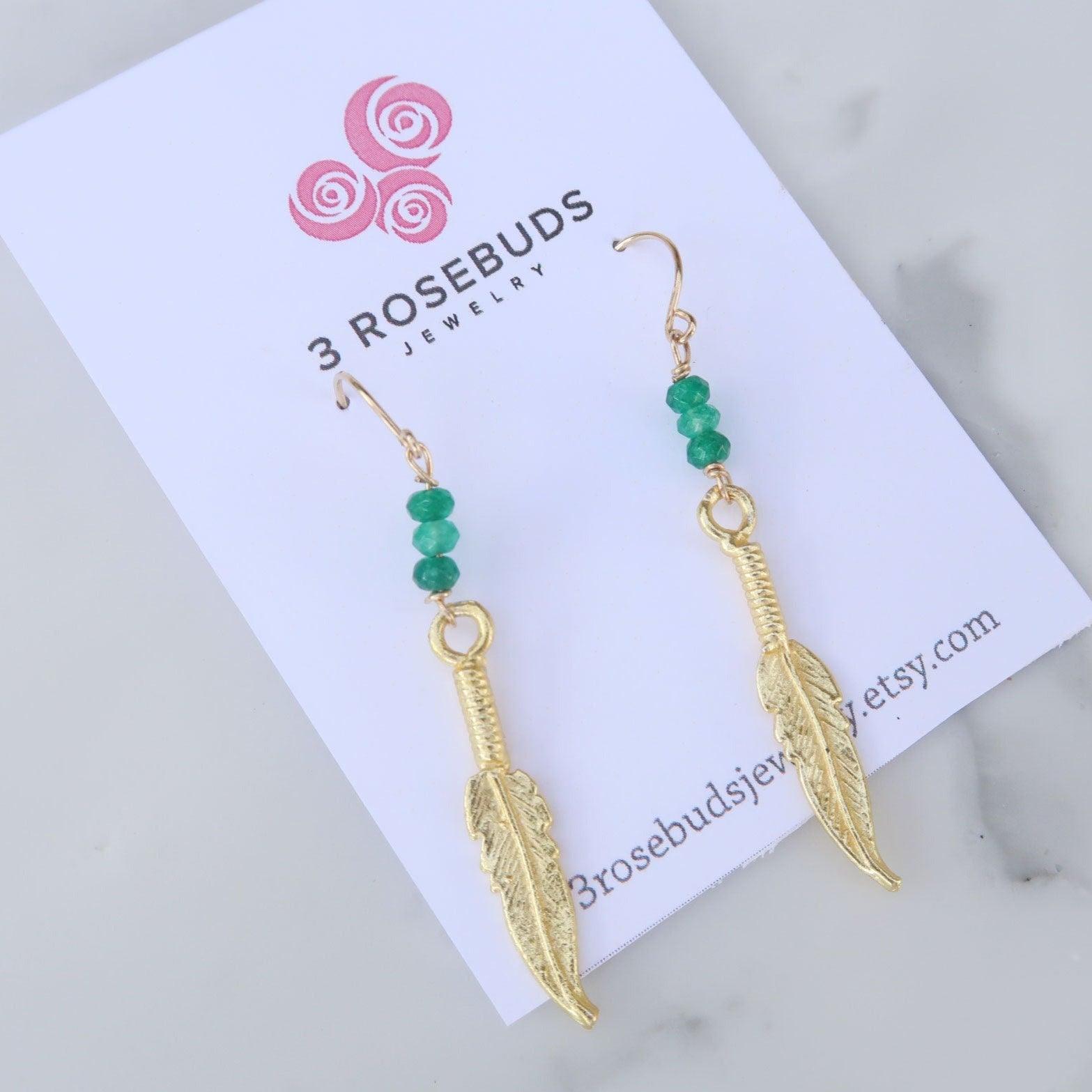 Feather Earrings with Healing Gemstone Green Jades - 3Rosebudsco.com