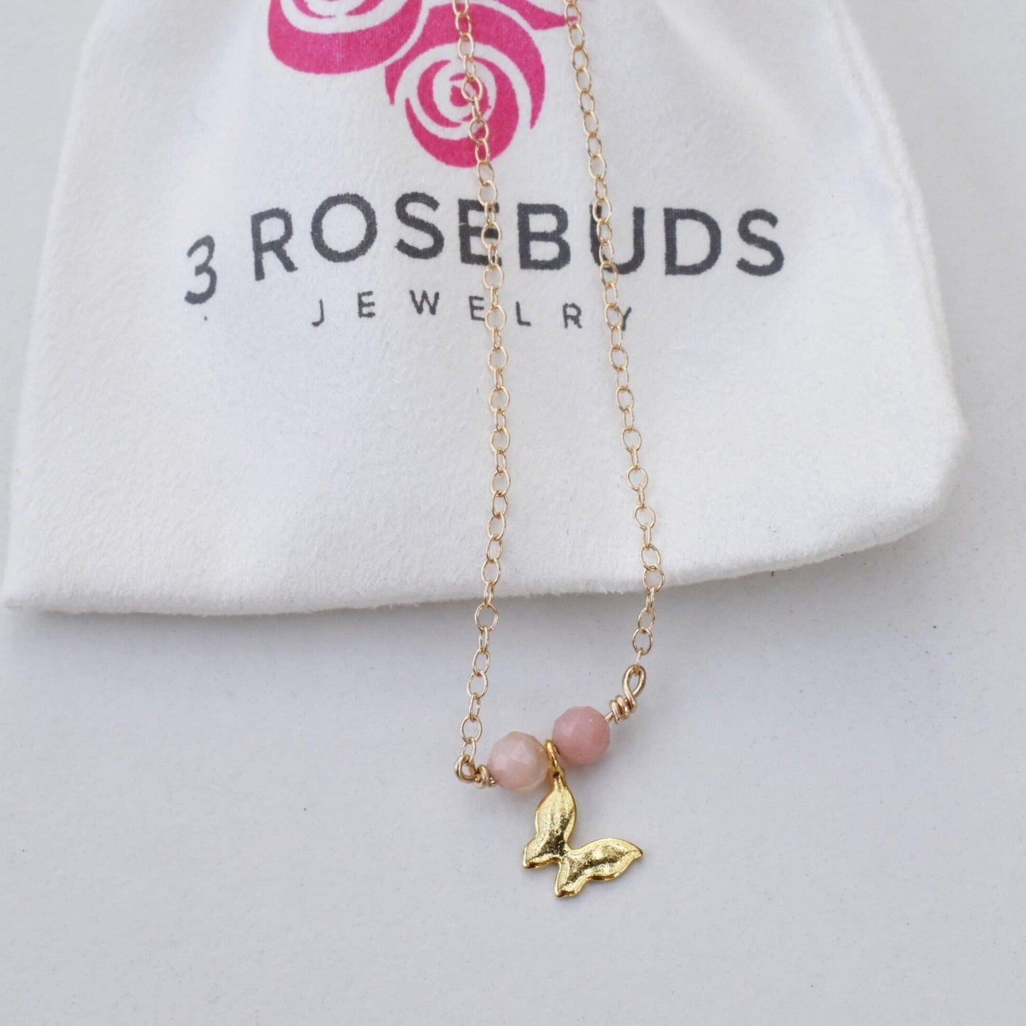 Girls necklace with Butterfly pendant and choice of pink opal or amethyst - 3Rosebudsco.com