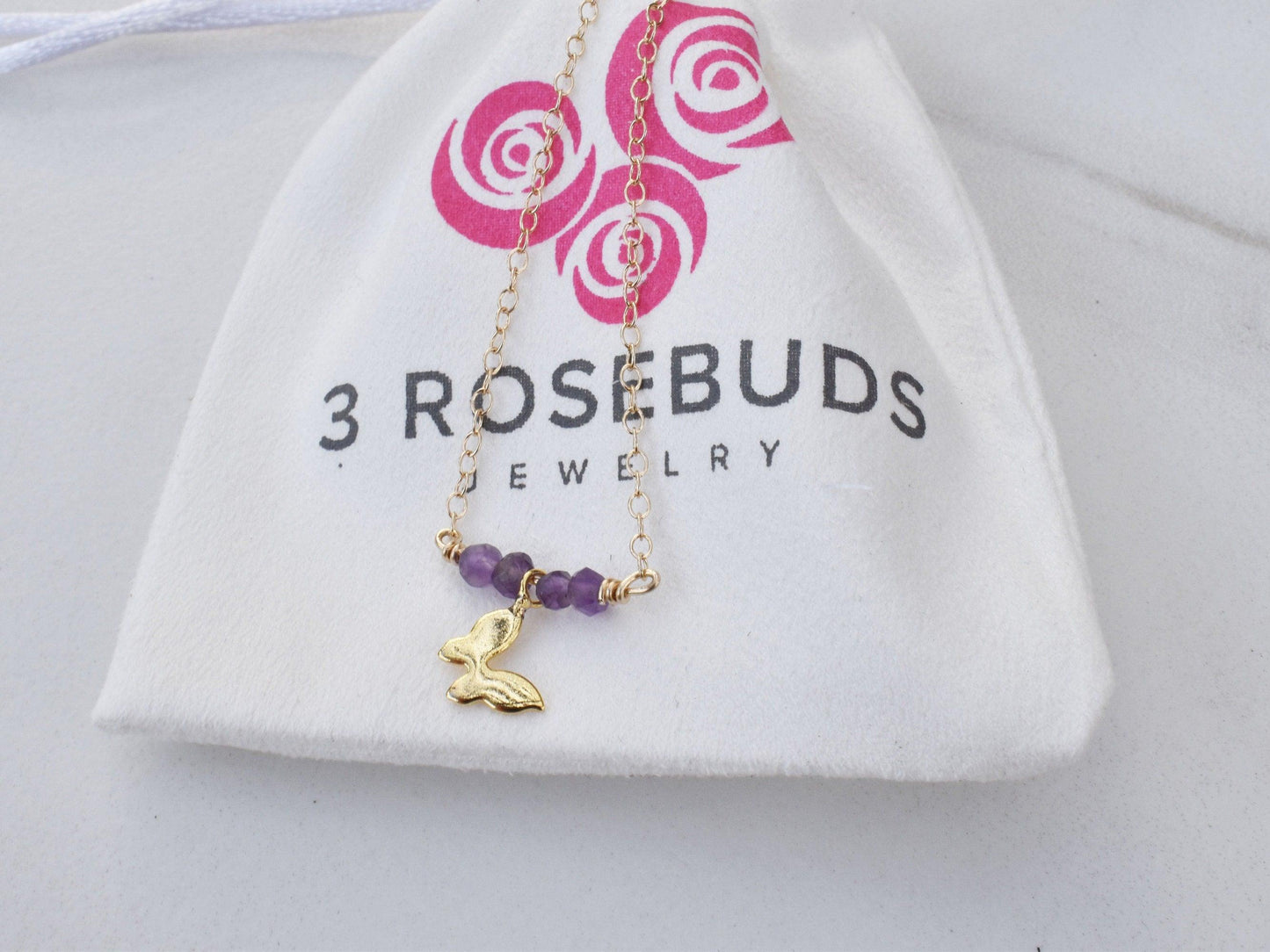 Girls necklace with Butterfly pendant and choice of pink opal or amethyst - 3Rosebudsco.com