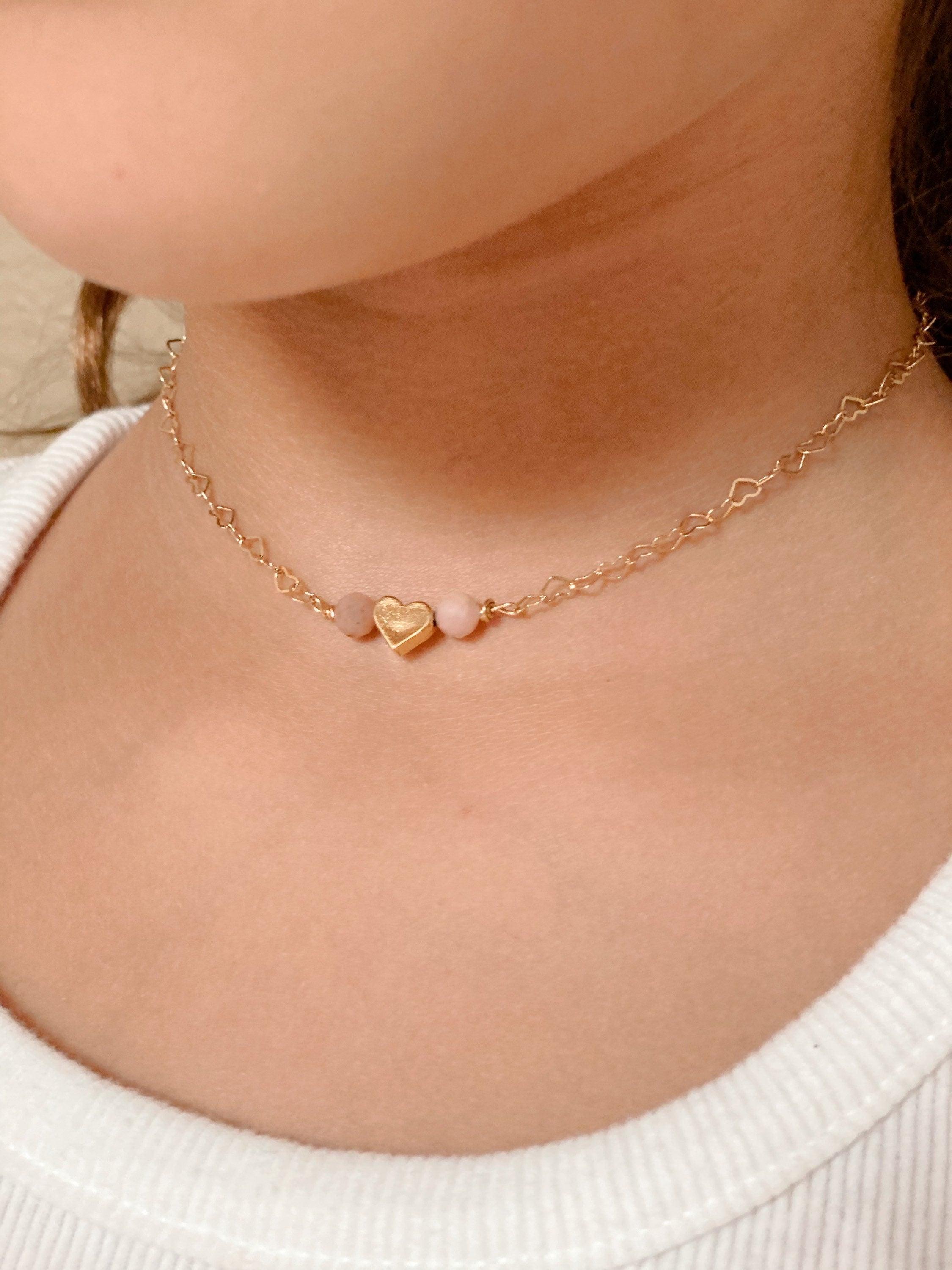 Girls heart necklace with pink opal, aquamarine or rainbow moonstones - 3Rosebudsco.com
