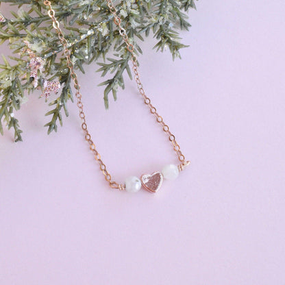 Girls Heart Necklace With Choice of Moonstone or Pink Opal Healing Gemstone Crystals - 3Rosebudsco.com