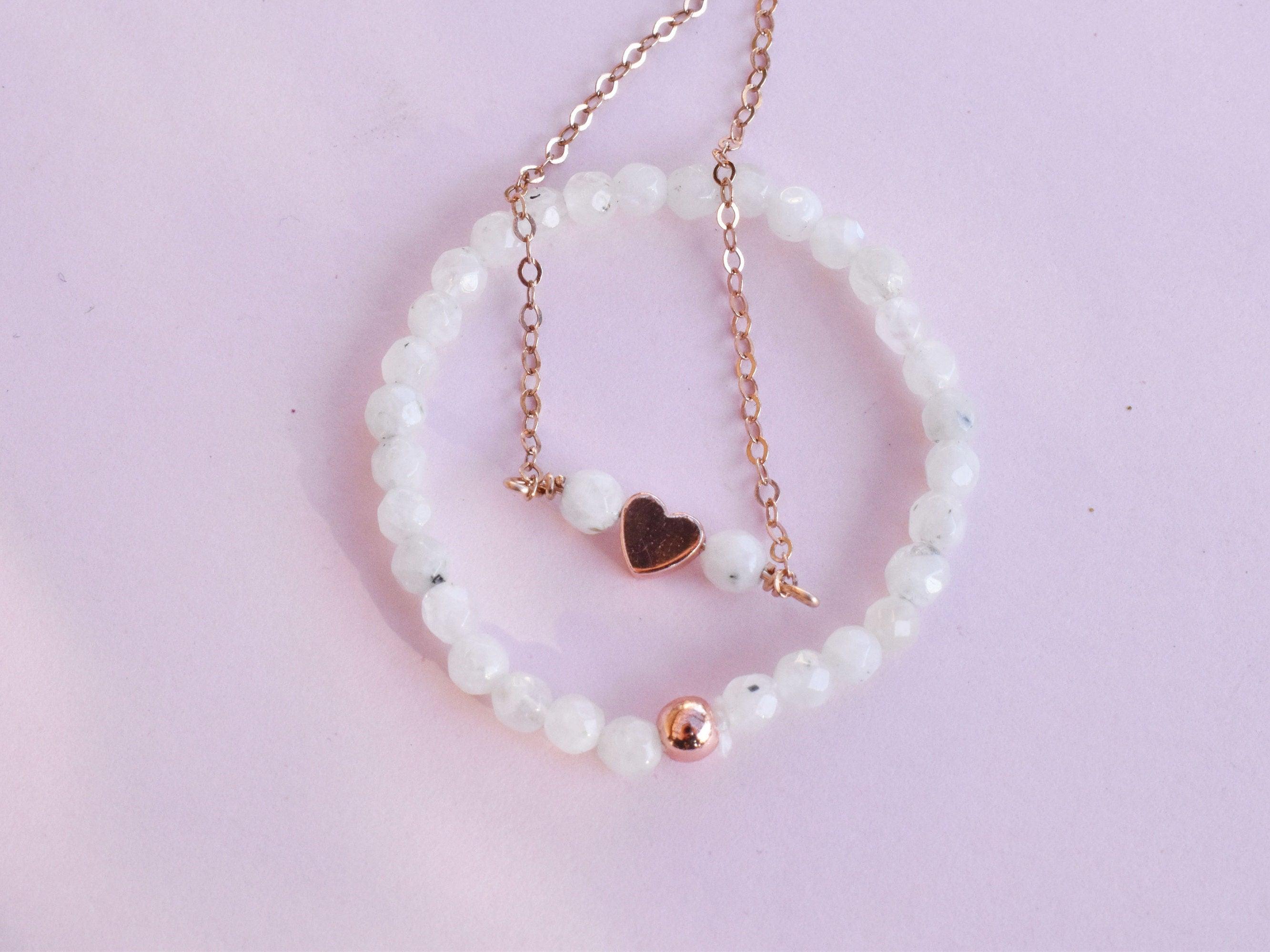 Girls rose gold healing gemstone necklace and bracelet set featuring moonstones. 