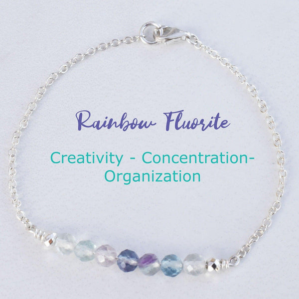 Dainty Rainbow Fluorite Healing Gemstone Sterling Silver Bracelet With Reiki Infusion, Boosts concentration and creativity and is great for students and writers
