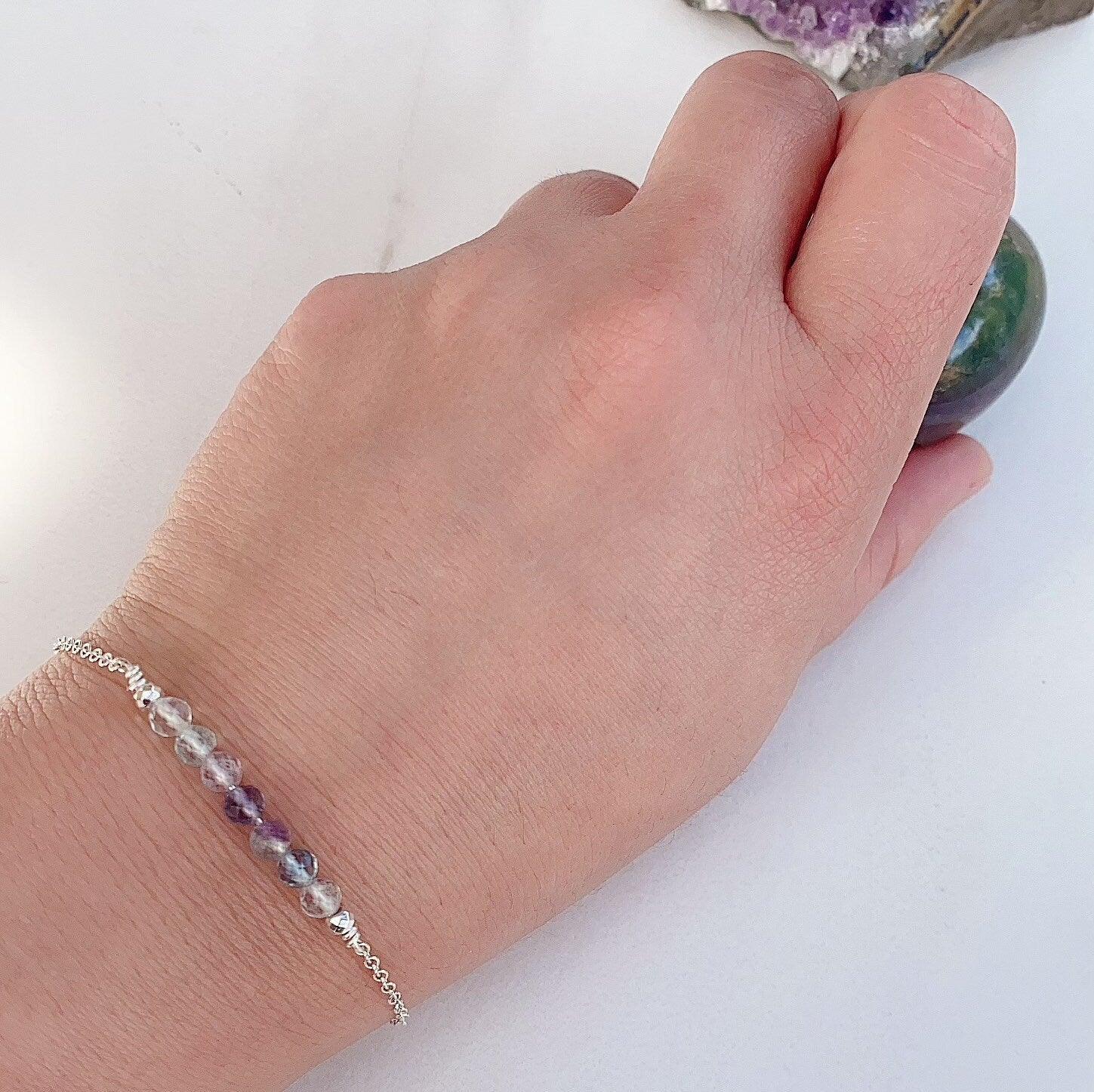 Dainty Rainbow Fluorite Healing Gemstone Sterling Silver Bracelet With Reiki Infusion, Boosts concentration and creativity and is great for students and writers